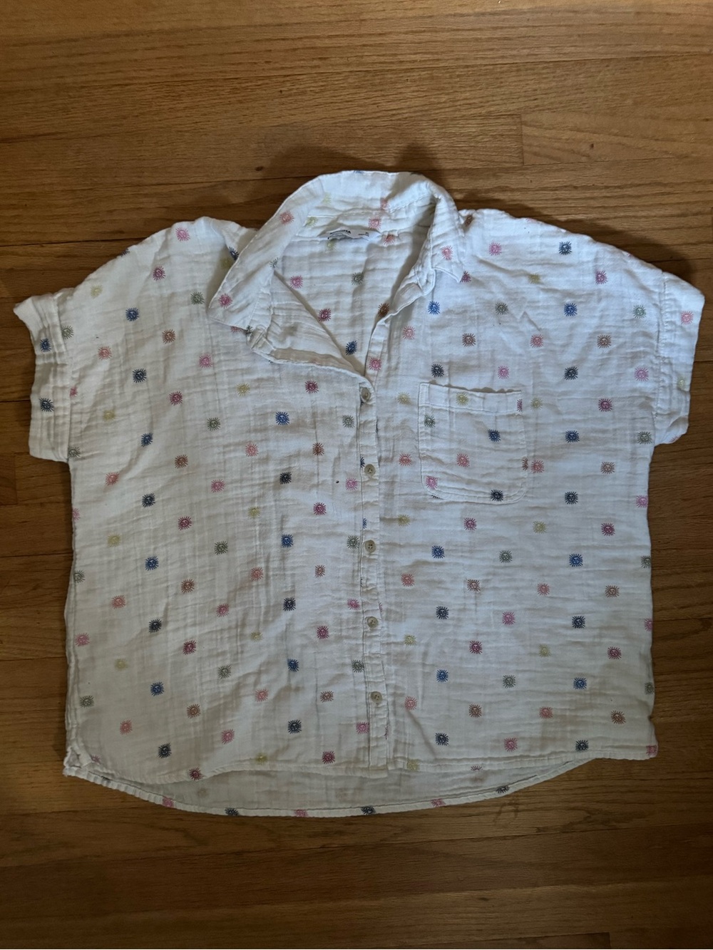 White Boxy Button-Up Shirt with Multicolor Dot Print